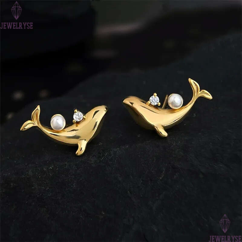 luxury 18k gold dolphin designer stud earring for woman ear clip AAA cubic zirconia pearl diamond earrings womens jewelry S925 silver needle party gir