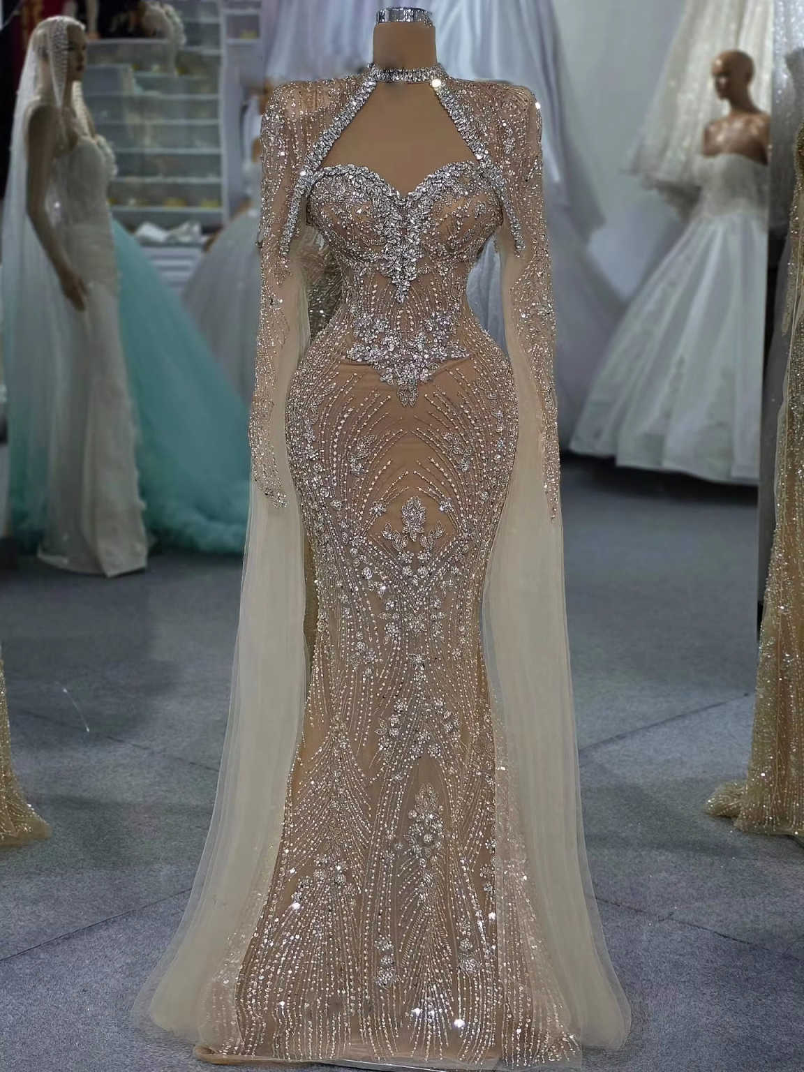 Unique Nude Prom Dress Long Cape Sleeve Crystals Formal Women Party Gowns Size Customized Dubai Formal Reception Dresses Arabic Robes De Mariee L25329