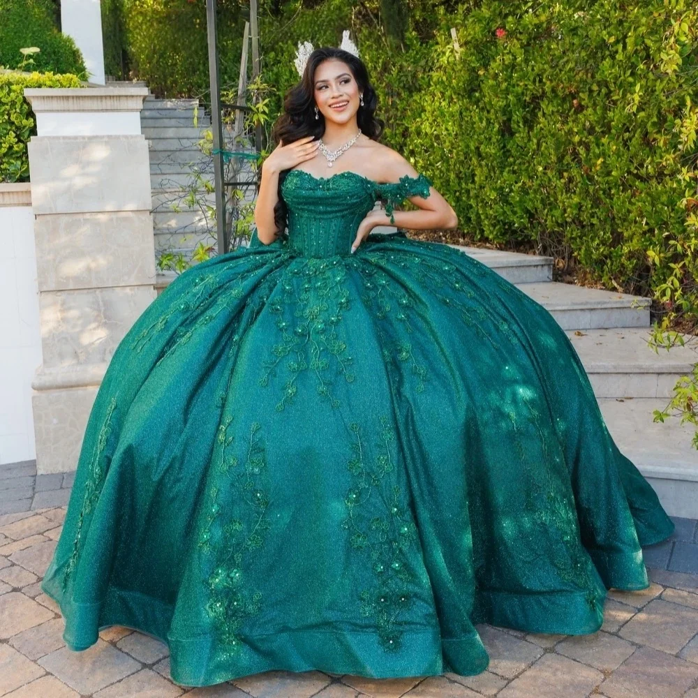 Customized Luxury Pink Quinceanera Dress Ball Gown Floral Applique Beading Mexican Sweet 16 Vestidos De XV 15 Anos D12