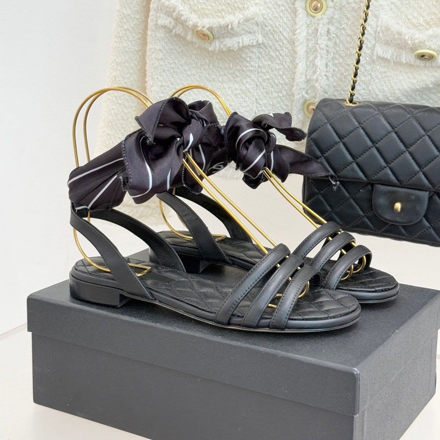 High quality real leather Women's Flat sandal slides Ankle Strap Lace-Up Flat heel Beach shoes casual Luxury designer sandals for womens Walking Office shoes 35-42