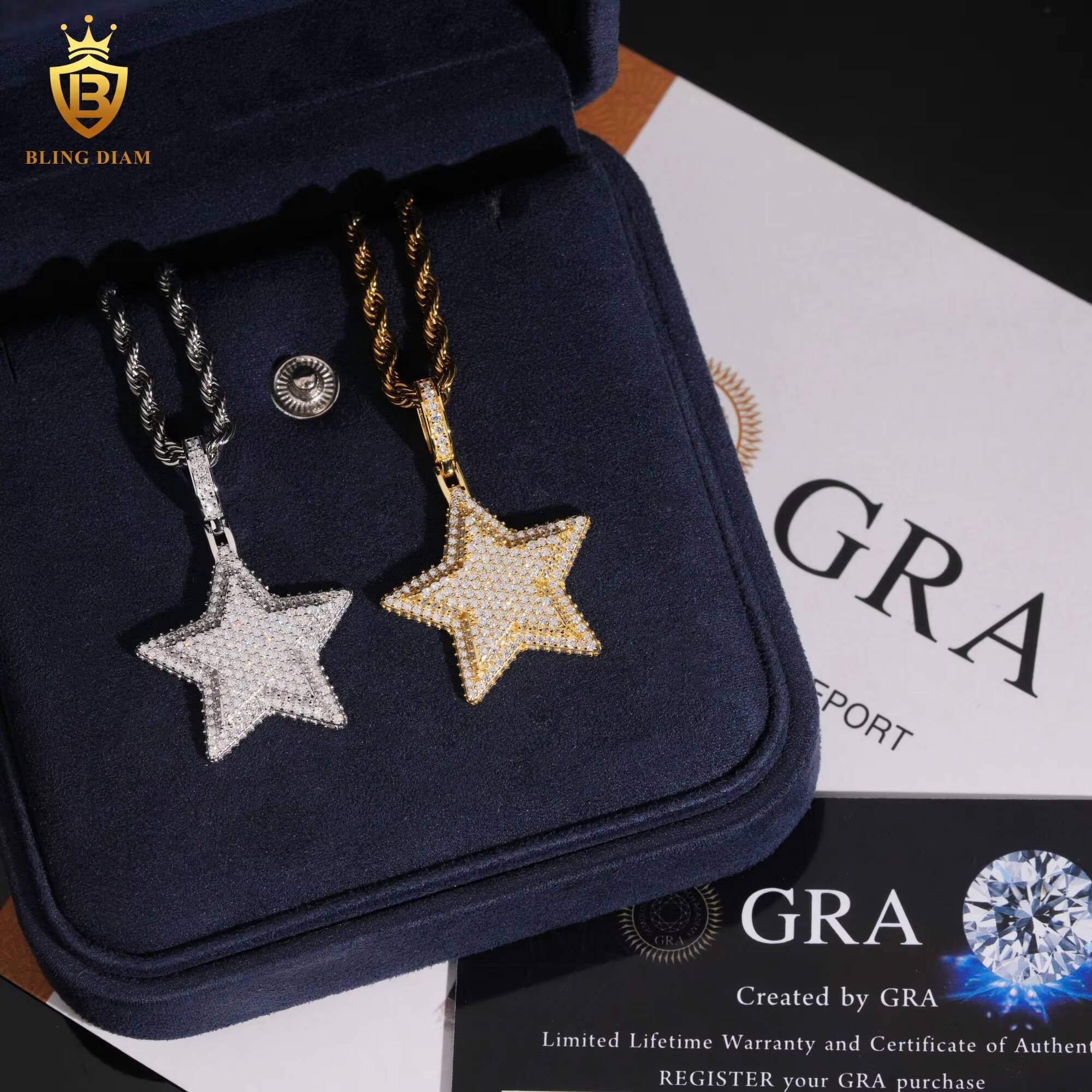 Hiphop Pendant Charms 925 Silver 3D Star Double Layers Round Brilliant Moissanite Pendant GRA Certified Fashion Pendants