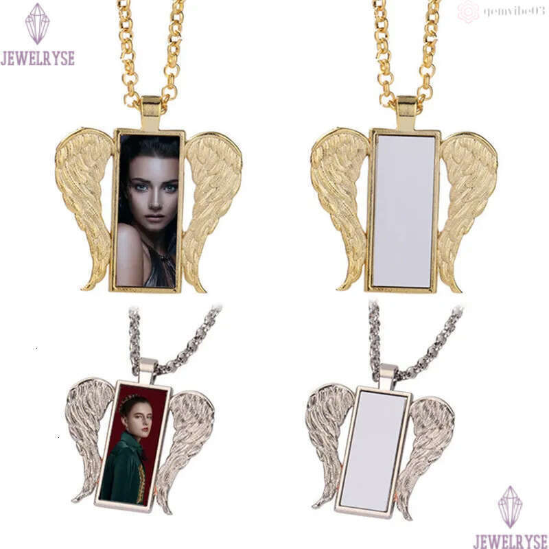 Vinatge DIY Sublimation Blank Gold Rectangle Wing Necklace Designer Woman Silver Plated Pendant Couples Necklaces for Man Womens Valentines Day Jewelr