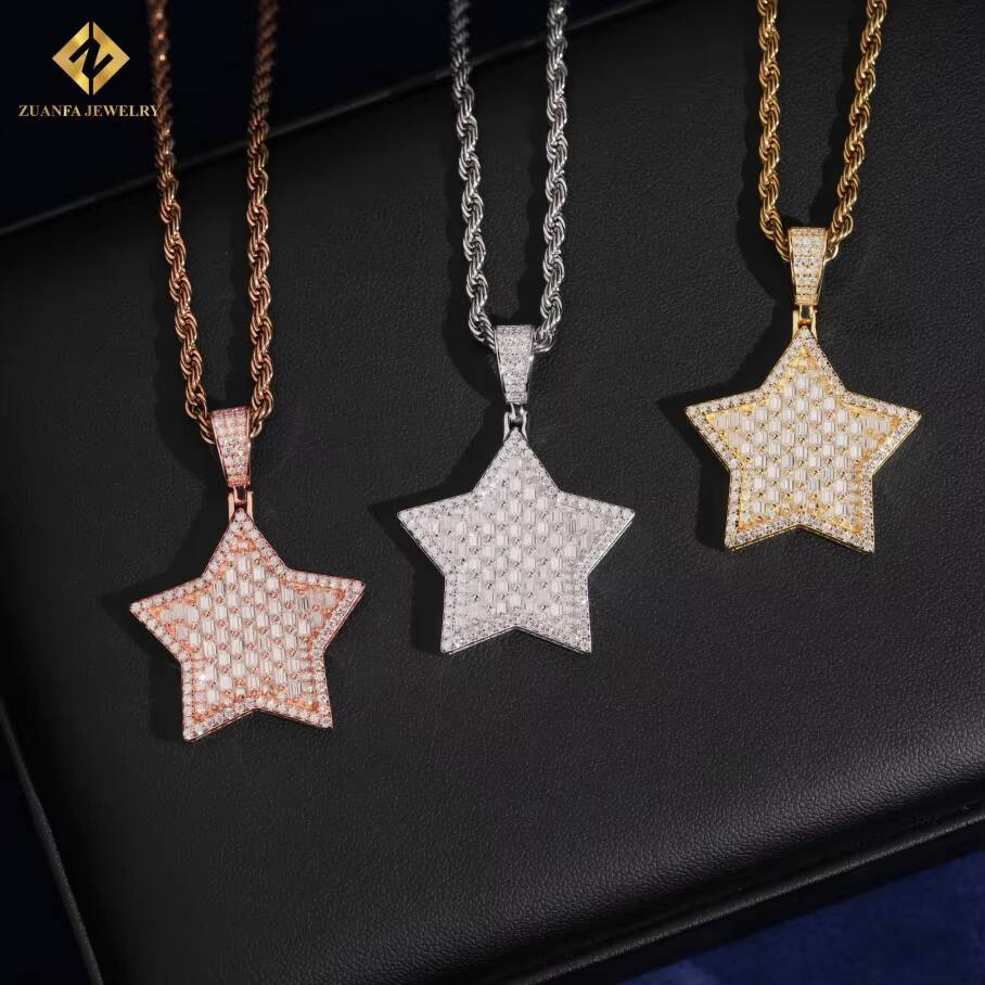 Factory Outlet VVS Moissanite Pendant Men Hip Hop Baguette Cut Moissanite Star Pendant 925 Silver Pendant Pass Diamond Test GRA