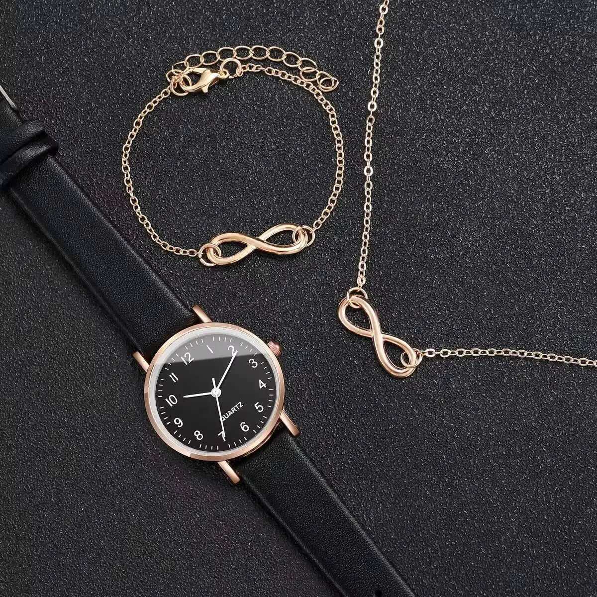 3PCS/Set Womens Watch Fashion Leather Strap Small Arabic Dial Quartz Watch Female Wristwatch Jewelry SetWithout Box Y251212
