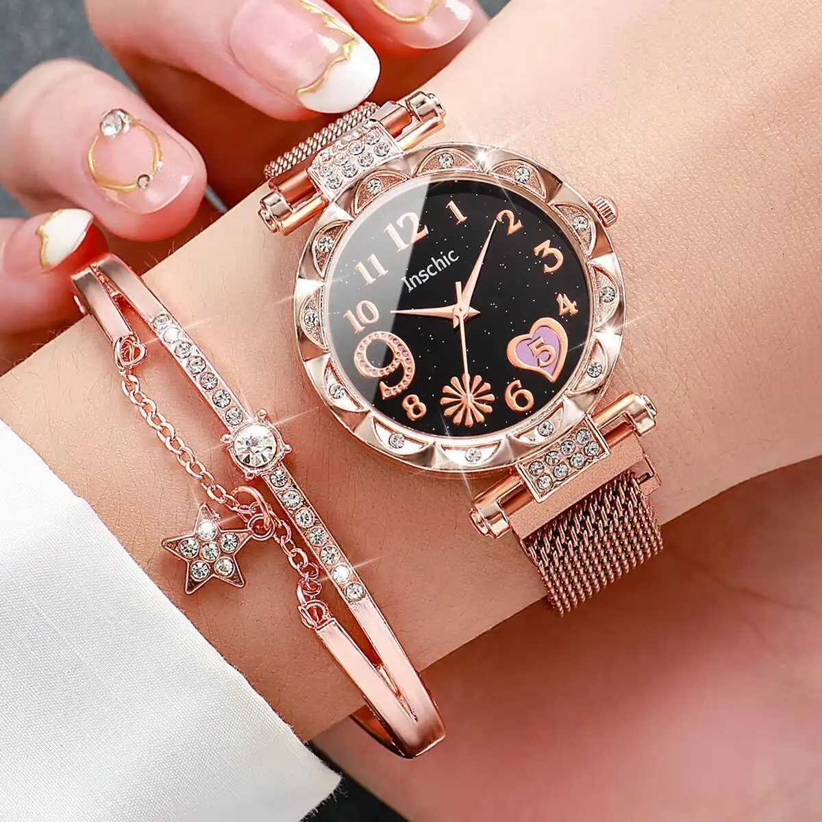 2PCS Fashion Womens Watches Set Magnet Buckle Mesh Strap Analog Quartz Watch Star Bracelet Set Reloj Mujer Y251212