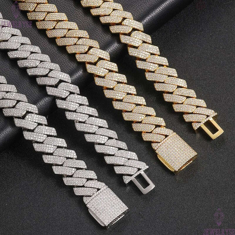 necklace moissanite chain designer jewelry cuban link chain for men stainless steel plated gold 20MM wide 3 row diamond hip hop mens prong iced out ch