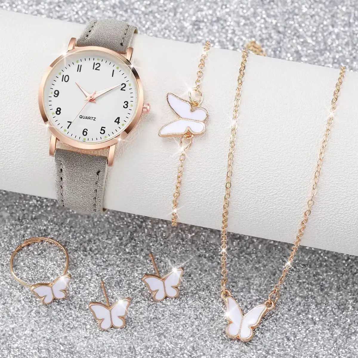 6PCS/Set Fashion Arabic Dial Women Quartz Watch Casual Leather Strap Wristwatch Butterfly Jewelry Set Reloj MujerWithout Box Y251212