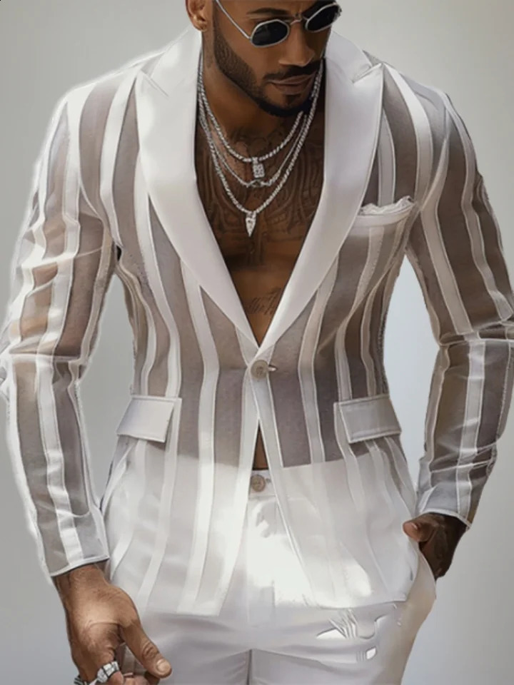 Handsome Mens Tops See-through Striped Suit Coats Fashionable Male Selling Long Sleeve Blazer Black White Red 251211