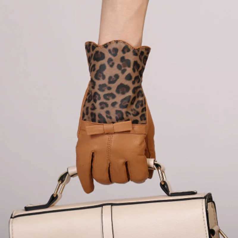 Genuine Leather gloves female sheepskin bow winter plus velvet thickening quality Leopard mittens cycling driving gloves E78 Y251211