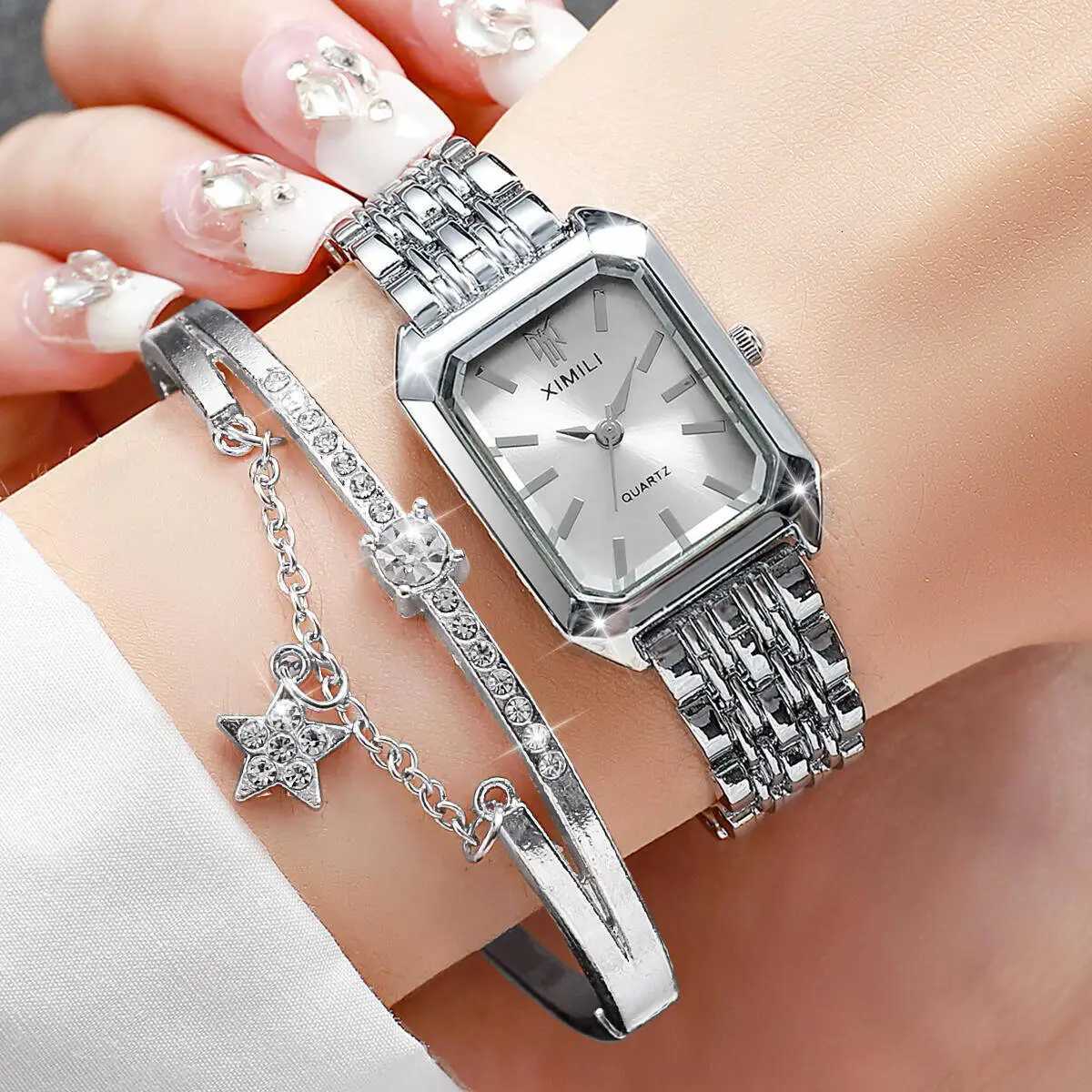2PCS/Set Fashion Rectangle Women Watches Stainless Steel Band Quartz Watch Bracelet Set Reloj MujerWithout Box Y251212
