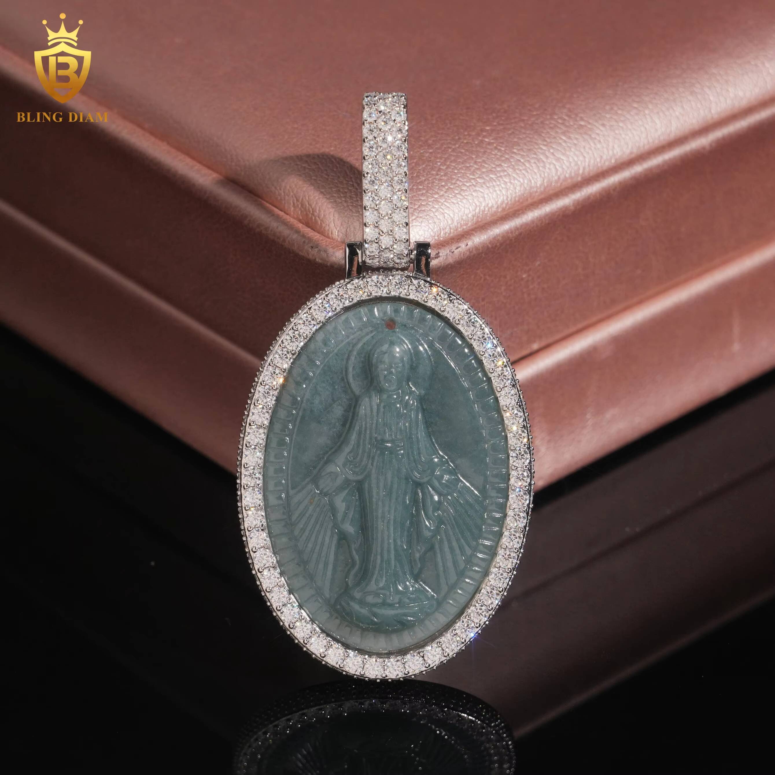 New Arrival Hip Hop Jewelry Iced Out Green Jade Holy Mother Pendants Moissanite 925 Sterling Silver for Men and Chain Set
