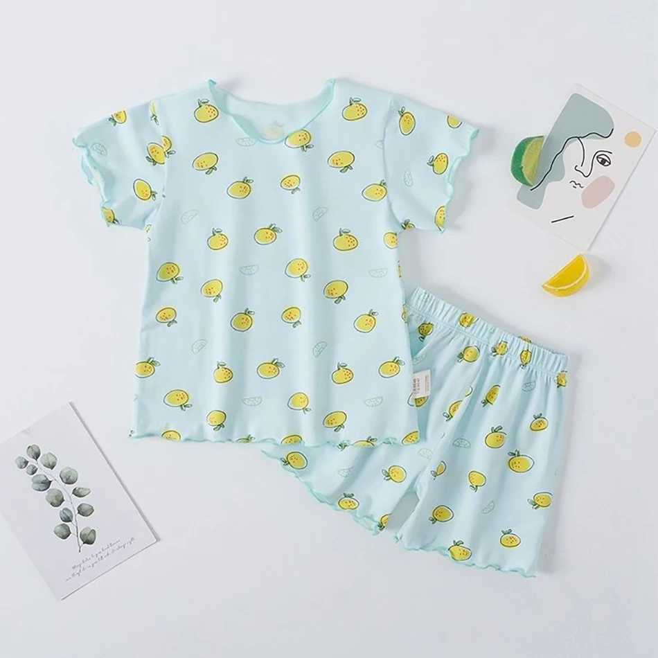 Girls Summer Pajama Sets Stylish Cartoon Pattern Printing Short Sleeve Top and Pants Made from Luxurious Cozy Ice Silk Material H260403