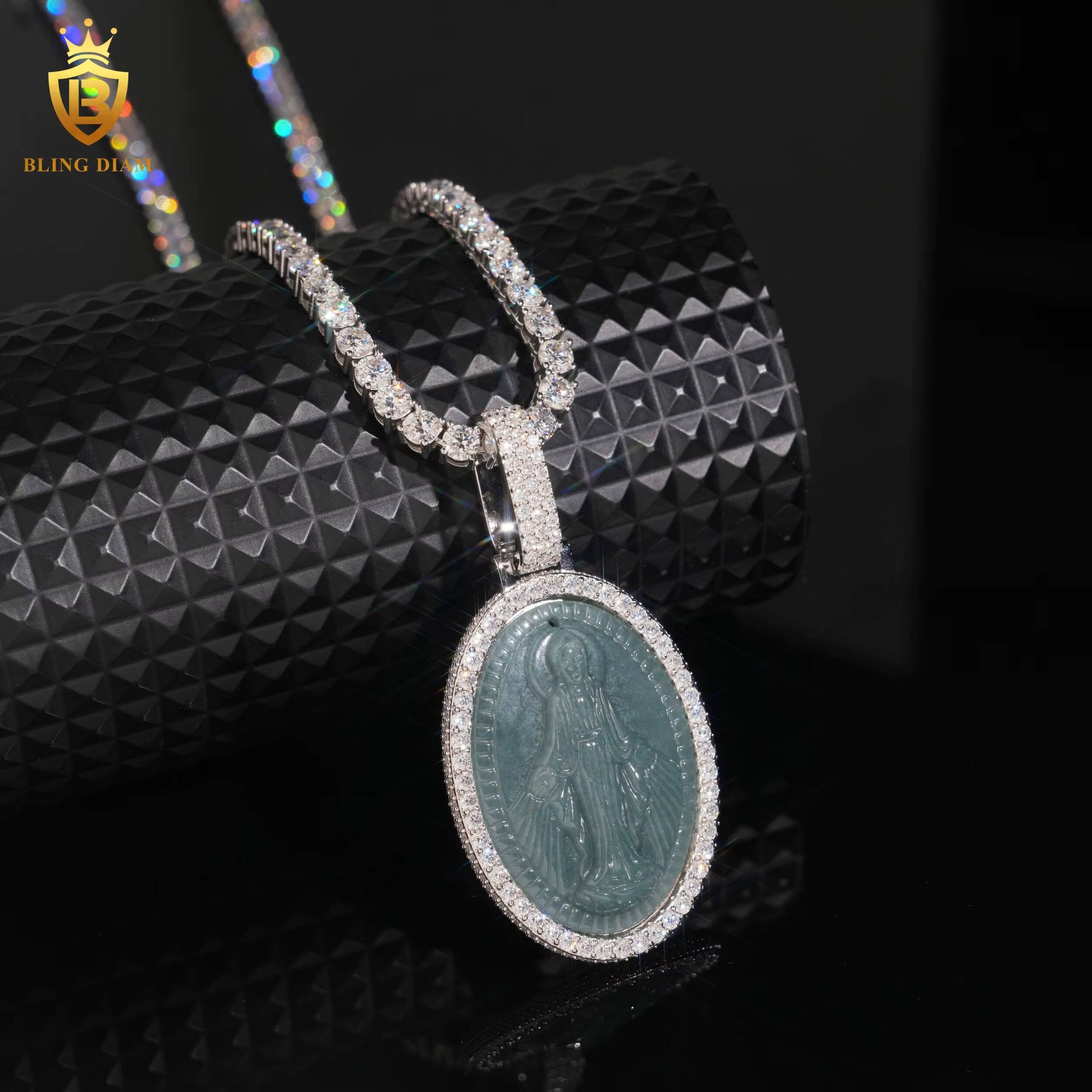 New Arrival Hip Hop Jewelry Iced Out Green Jade Holy Mother Pendants Moissanite 925 Sterling Silver for Men and Chain Set