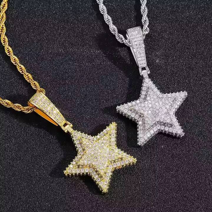 Fashionable 925 Silver 15 Inch Round Cut Moissanite Diamond Star Pendant Luxury Hip Hop Necklace Charm Gift for Men Women