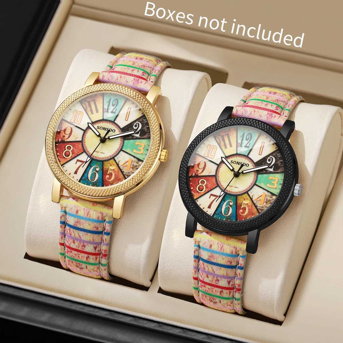1/2PCS Fashion Printed Leather Strap Women Quartz Wristwatches Vintage Arabic Dial Ladies Watch Reloj MujerWithout Box Y251212