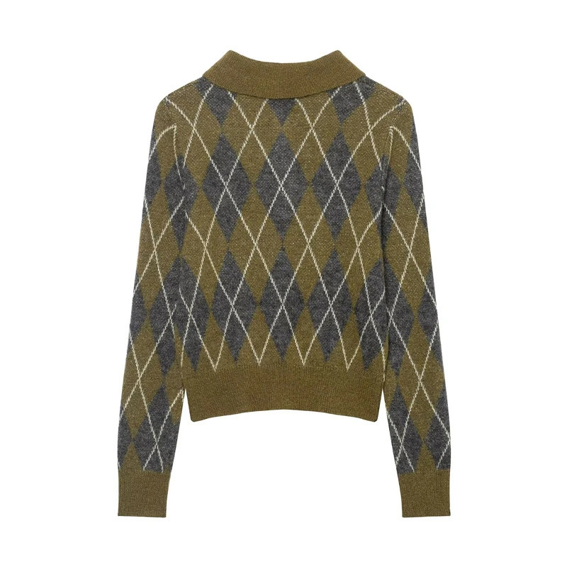 Womens Olive Green Collared Knit Sweater - INDETER Argyle Pattern Long Sleeve Polo Pullover 251212