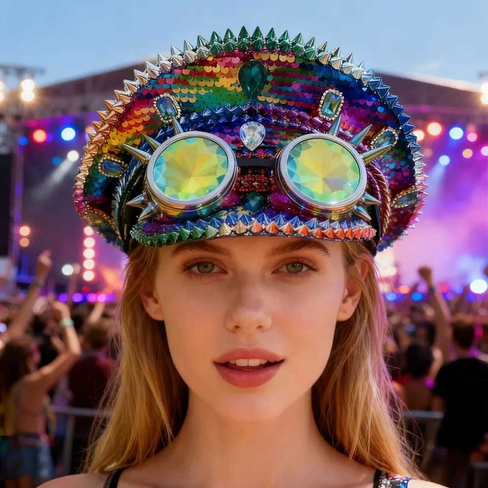 HongLuan Disco Steampunk Captain Hat Rhinestone with Goggles for Burning Man Festival Woman Military Accessories Cap for Man X251212