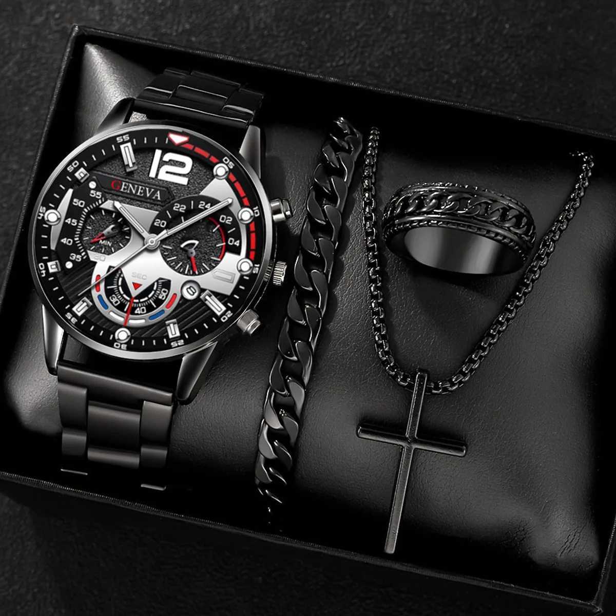 Explosions mens watches fashion stainless steel business luminous hands mens calendar quartz watch set Y251212