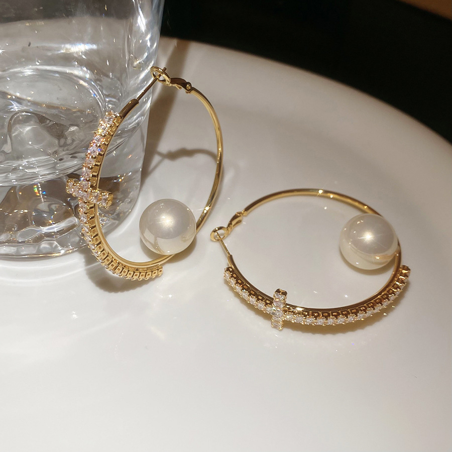 Real Gold Plated Zircon Cross Pearl Hoop European and American Retro Elegant Temperament Earrings Light Luxury High-end Feel Ear Jewelry - view 7