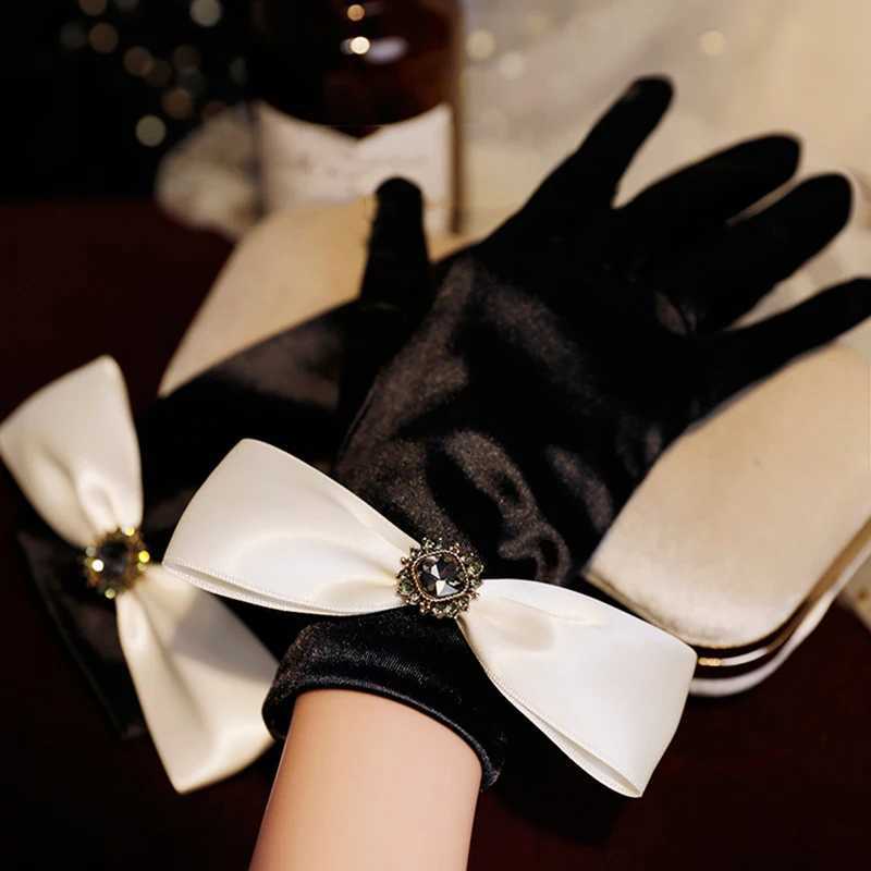 Korean Solid Color Satin Black Bow Rhinestones Studio Photo Wedding Dress Gloves Women Summer Driving Sunscreen Gloves S95 Y251211