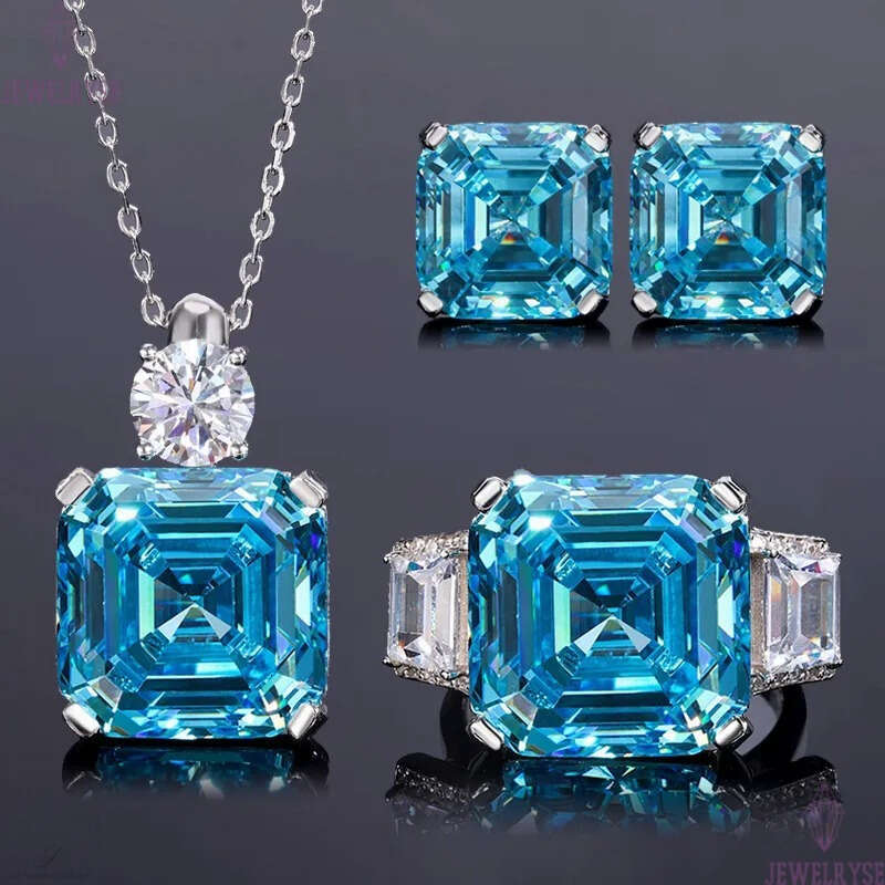 Choucong Top Sell Wedding Jewelry Sets Ladies Luxury Real 100% 925 Sterling Silver Asscher Cut Large Aquamarine Moissanite Diamond Stud Earring Women 