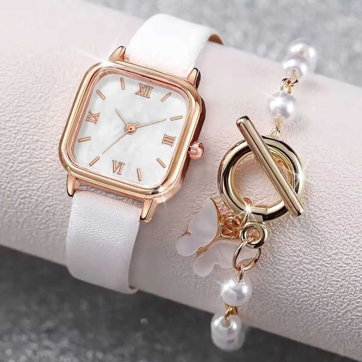 2PCS/Set Fashion Square Women Watches Casual Leather Strap Quartz Wristwatch Pearls Butterfly Bracelet Set Reloj Mujer Y251212