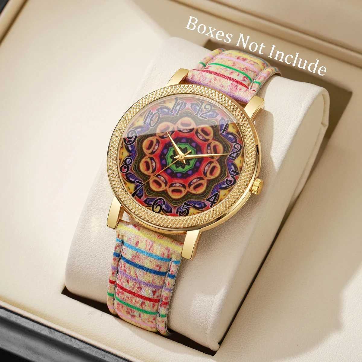 1/6/7PCS Fashion Leather Strap Women Watches Vintage Printed Ladies Quartz Wristwatch Reloj Mujer Girls Clock Gift Without Box Y251212