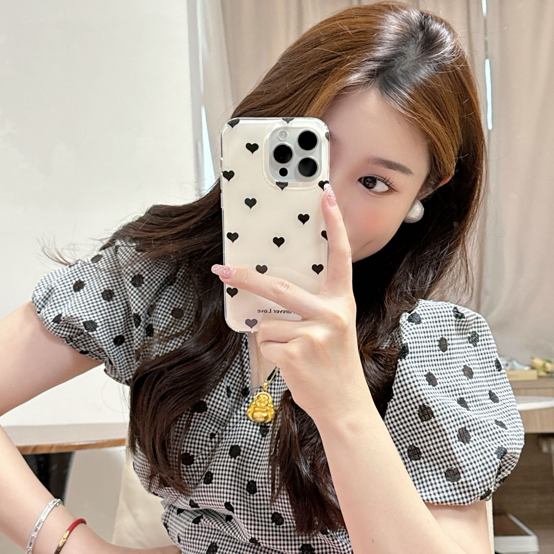 Korean and Japanese Style Black Heart Polka Dot Case Apple 17 Pro Max 16 Pro/15 Niche Flower 13 for Women