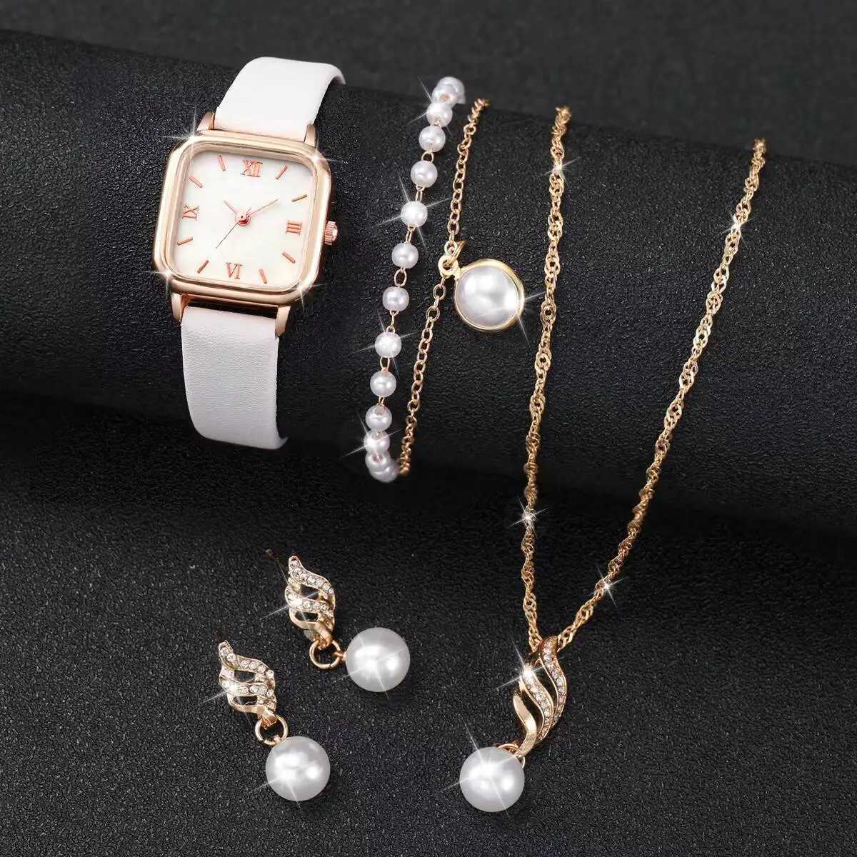 5PCS/Set Fashion Square Womens Quartz Watches Leather Strap Wristwatch Pearls Jewelry Set Reloj MujerWithout Box Y251212