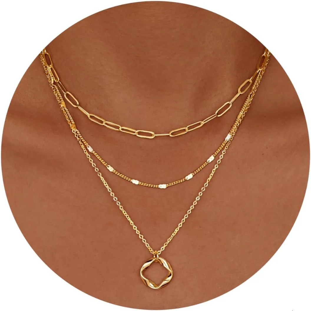 Layered 14K Gold Plated Necklaces for Women Stackable Silver Plated Circle Paperclip Chain Pendant Choker Necklace Set For Woman 251210