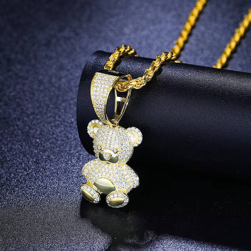 Wholesale Hip Hop Jewelry 925 Sterling Silver Pass Diamond Tester VVS Moissanite Iced Out Cute Teddy Bear Pendant Necklace