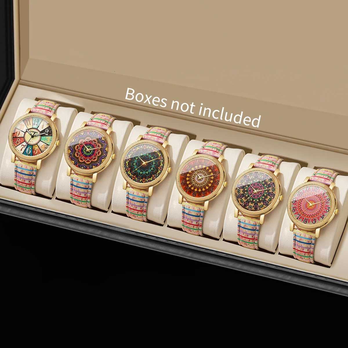 1/6/7PCS Fashion Leather Strap Women Watches Vintage Printed Ladies Quartz Wristwatch Reloj Mujer Girls Clock Gift Without Box Y251212