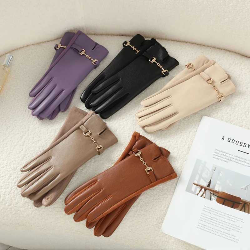 Women Winter Suede Double Layer Thick Riding Touch Screen Warm Gloves Outdoor Plus Velvet Driving Windproof Chain Leather Glvoes Y251211