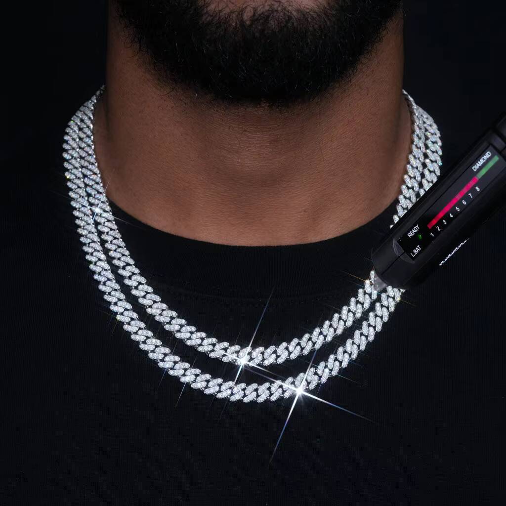 Super Shining Moissanite Cuban Chain Hiphop Necklace 8mm Custom Small Size Real 925 Silver Cuban Link Chain