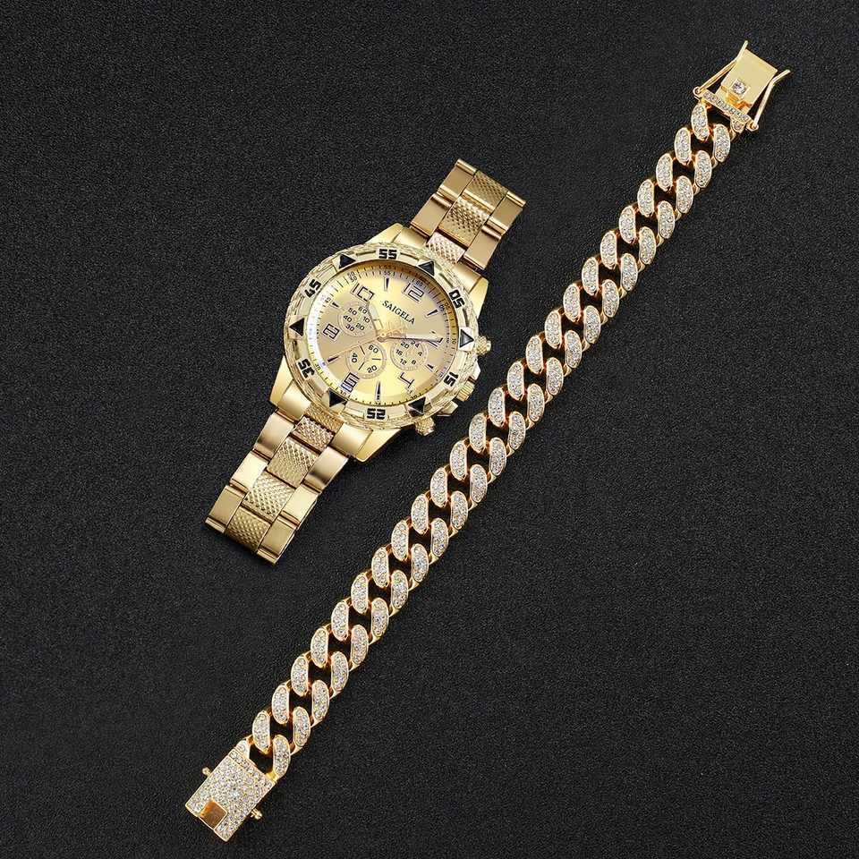 2pcs/set Men Business Watches Fashion Arabic Dial Males Quartz Watch Luxury Rhinestone Hip Pop Bracelet Set Without Box Y251212