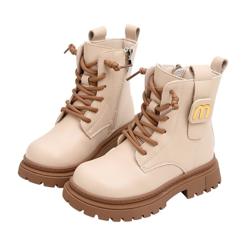 2026 New Autumn Winter Girls' Genuine Leather Martin Boots Fashion Fleece-Lined British Style Mid-Large Kid Boots