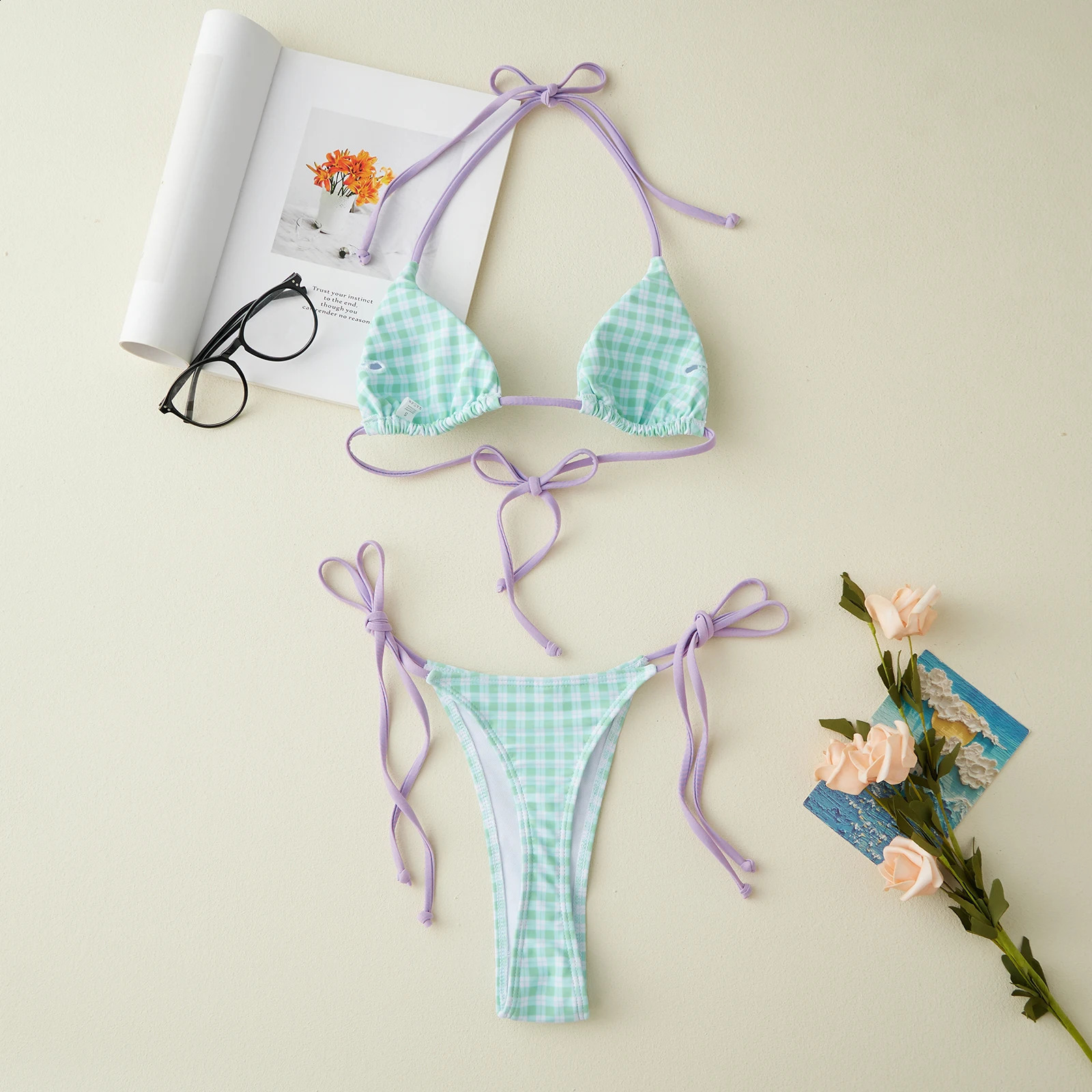 Summer Plaid Print Bikini Set Womens Fashion Halter String Swimsuits Summer High Cut Beachwear Two Piece Bathing Suit 251211