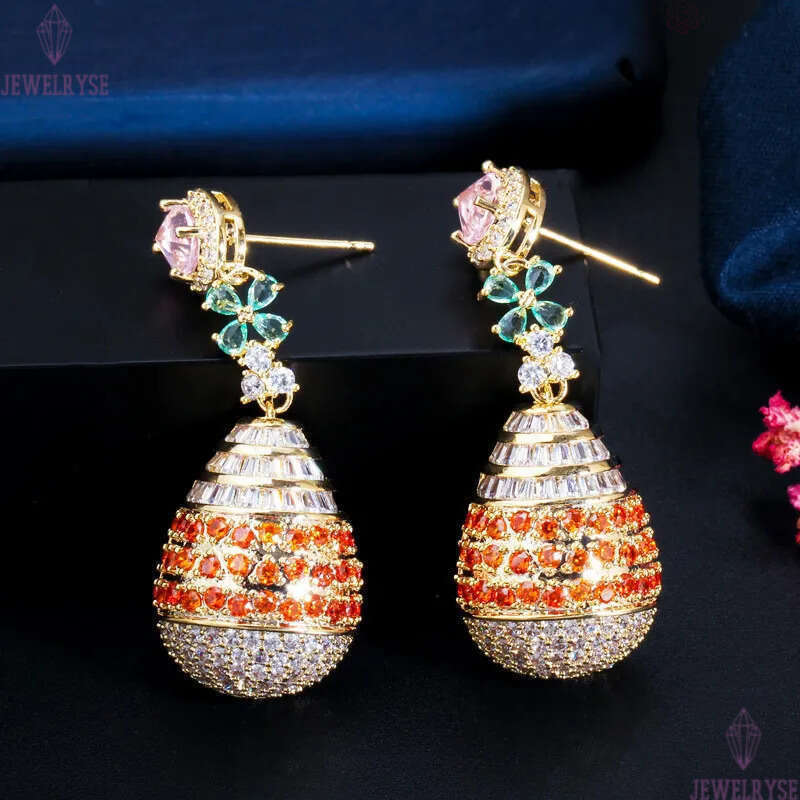 Charm Noble Diamond Earring Designer for Woman Party Colorful AAA Cubic Zirconia South American Copper Long Dangle Womens 18K Gold Earrings Fashion Je