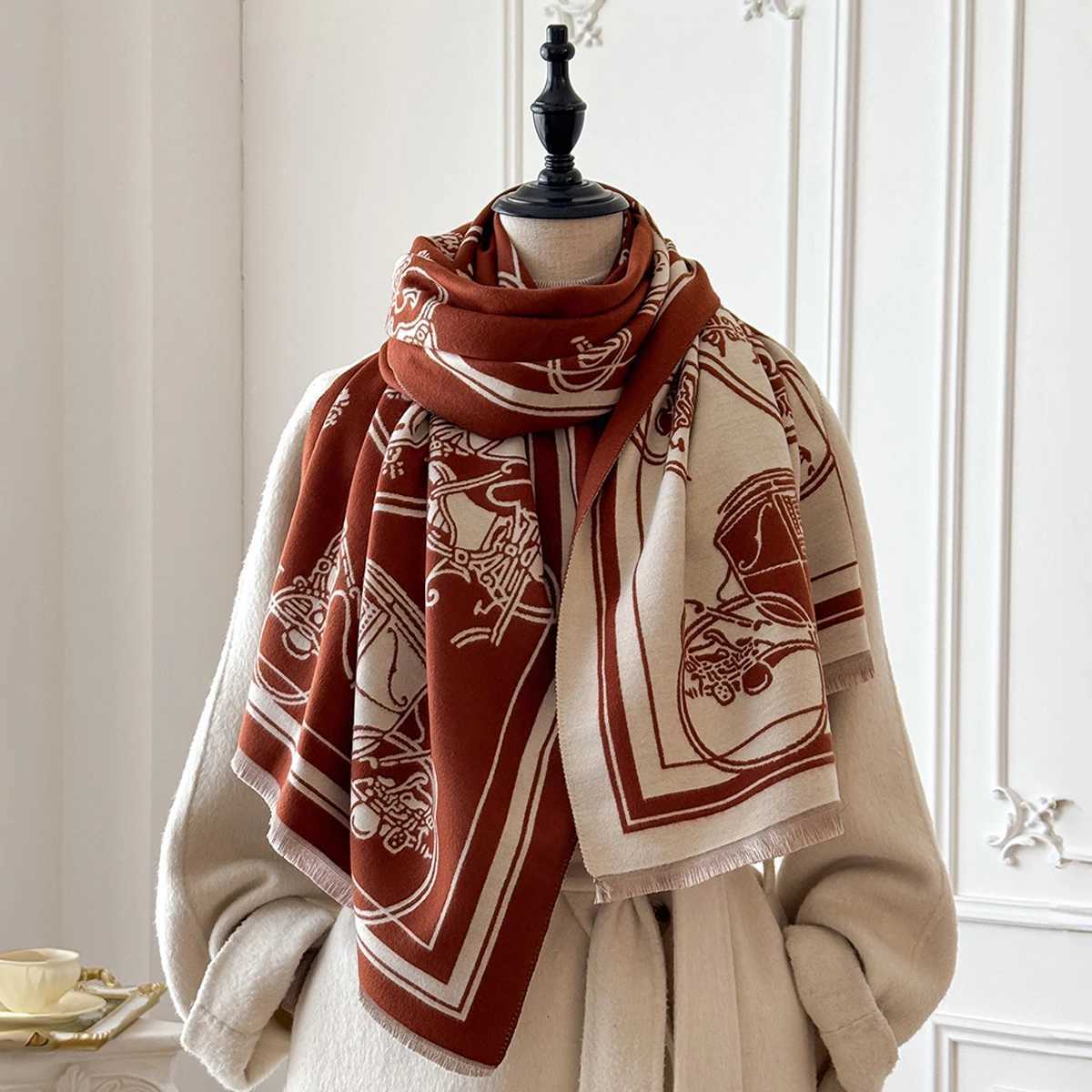 Winter Warm Cashmere Jacquard Scarf New Design Horse Carriage Pattern High Quality Womens Thicken Wrap Shawl Ladies Wool Y251211