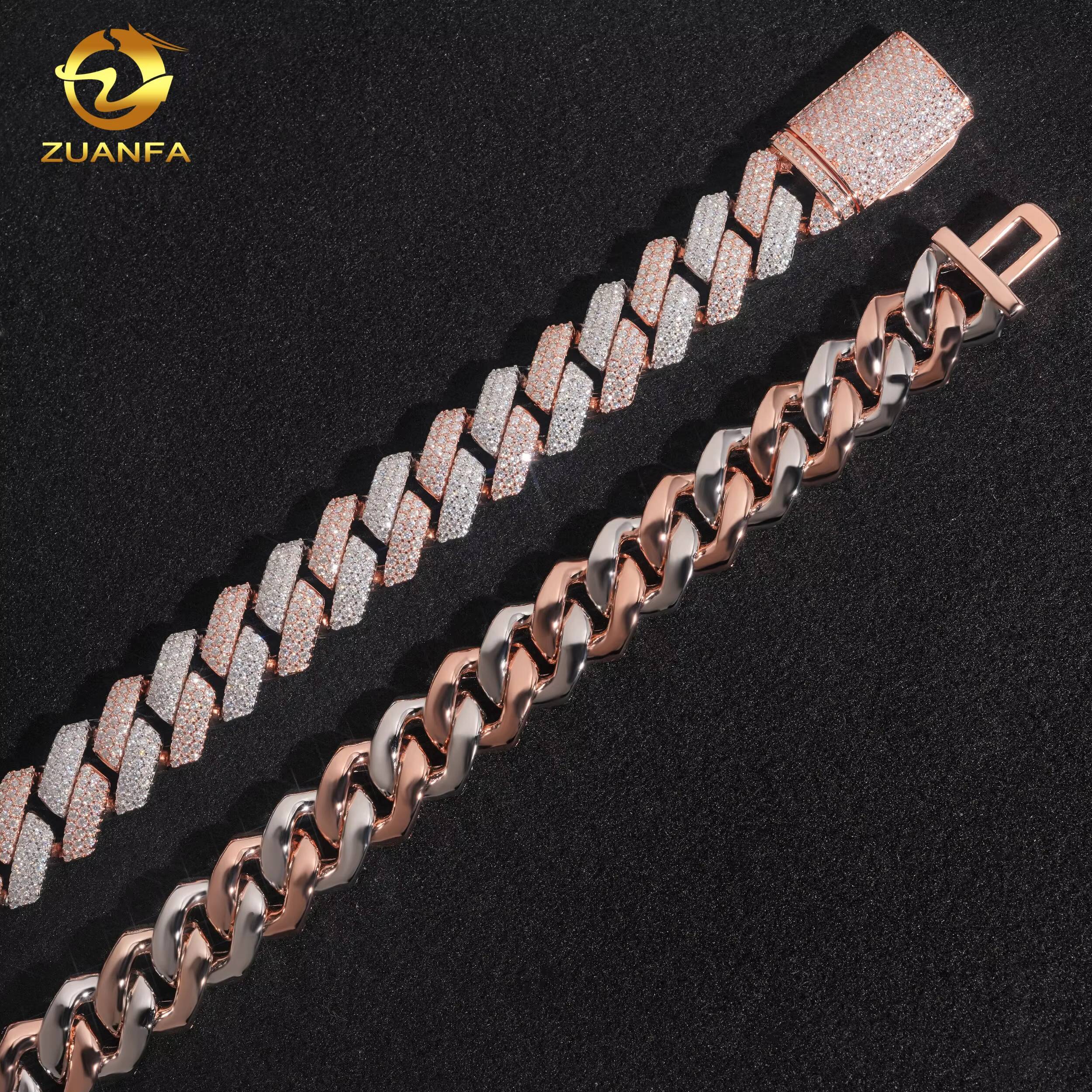 Custom Clasp Cuban Link Chain Luxury Design 2 Tone Roese and White Gold Necklace 925 Sterling Silver Iced Out Hip Hop Jewelry