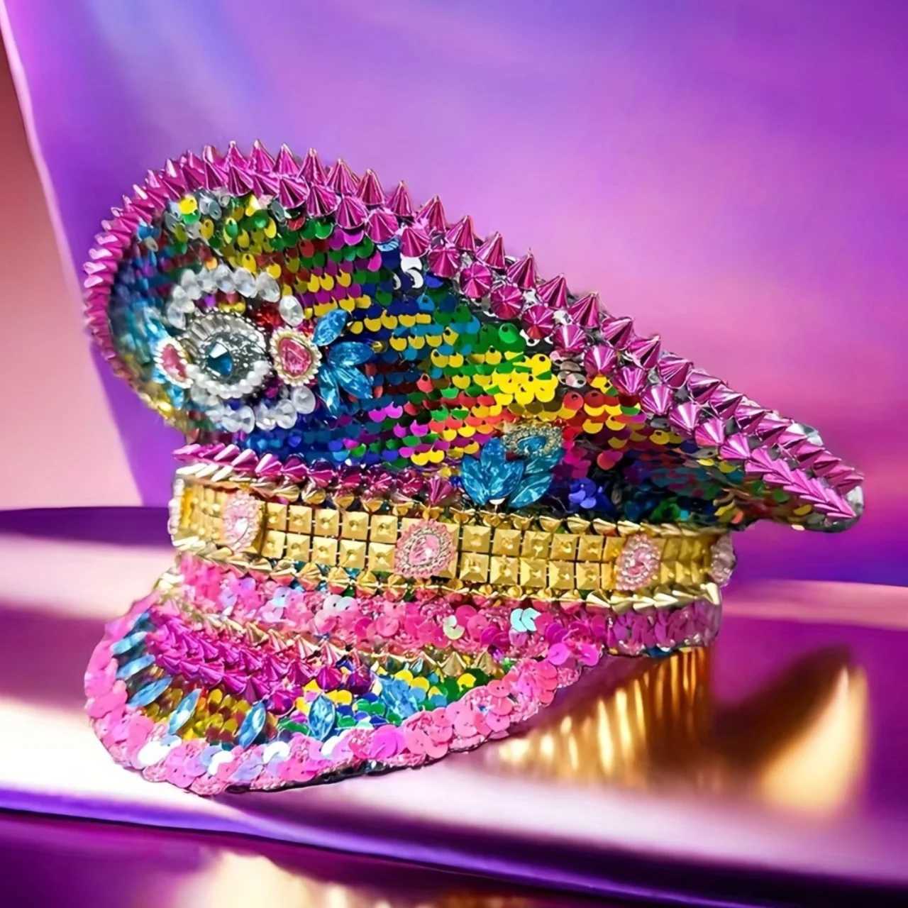 Luxury Colorful Sequin Festival Captain Hat Masquerade Unisex Adult Military Cap Polyester Steampunk Handmade Headwear Wedding X251212 - view 4