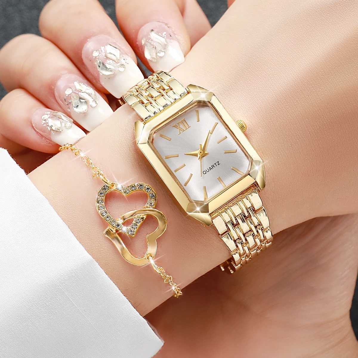 6PCS/Set Fashion Roma Dial Women Watches Ladies Rectangle Quartz Wristwatch Rhinestone Jewelry Set Reloj Mujer Without Box Y251212