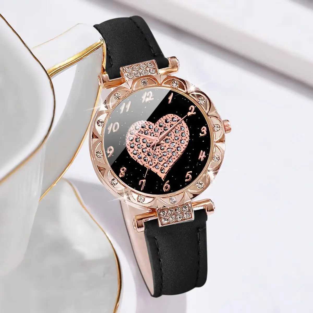 6PCS/Set Fashion Rhinestone Women Watches Leather Str apQuartz Wristwatch Heart Leaf Bracelets SetWithout Box Y251212