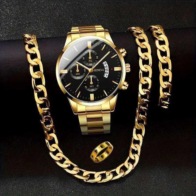 4pcs/set Fashion Male Stainless Steel Watches Men Business Quartz Watch Man Casual Wristwatch and Bracelet Necklace Set Y251212