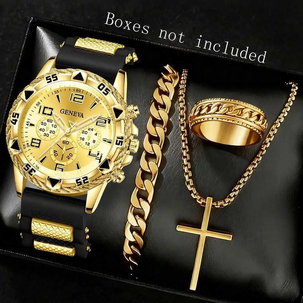 4PC Golden Mens Watch Set Fashionable and Versatile Quartz Watch Bracelet Necklace Ring Set Perfect Gift for Friends or Dad Y251212