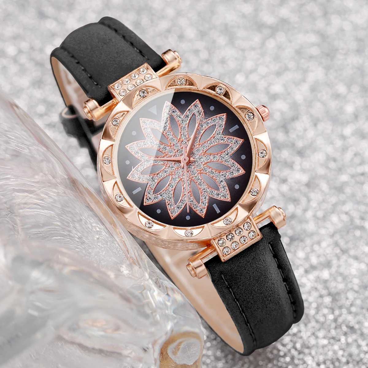 6PCS Fashion Rhinestone Flower Dial Women Wristwatch Ladies Leather Strap Watch Heart Diamond Jewelry SetWithout Box Y251212