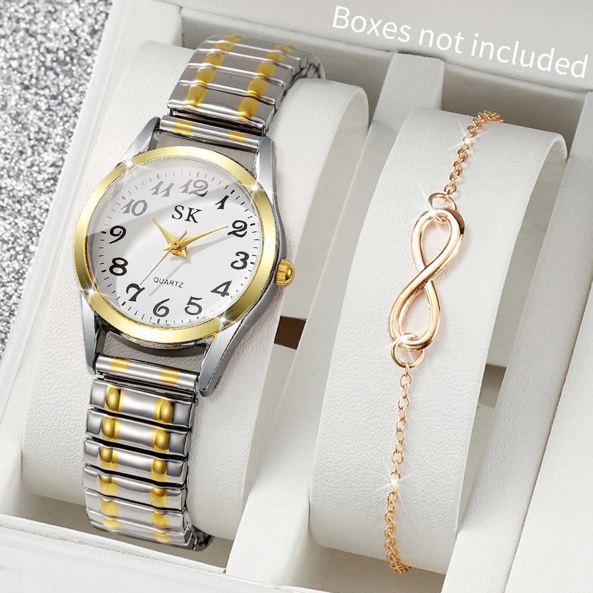 2PCS/Set Fashion Elastic Strap Women Watches Ladies Arabic Dial Quartz Wristwatches Bracelet Set Reloj MujerWithout Box Y251212