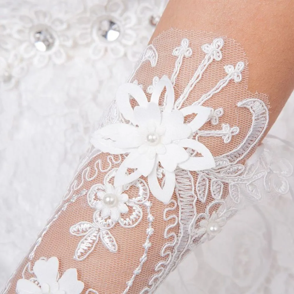 Women Korean Bridal Bowknot Bridal Mittens Pearl White Hand Sleeve Women Gloves Wedding Bridal Gloves Lace Mittens Bow Gloves