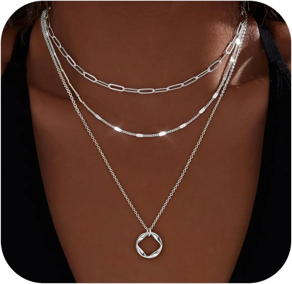 Layered 14K Gold Plated Necklaces for Women Stackable Silver Plated Circle Paperclip Chain Pendant Choker Necklace Set For Woman 251210