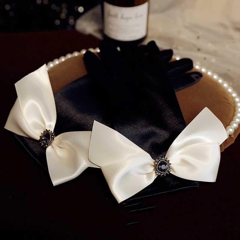 Korean Solid Color Satin Black Bow Rhinestones Studio Photo Wedding Dress Gloves Women Summer Driving Sunscreen Gloves S95 Y251211